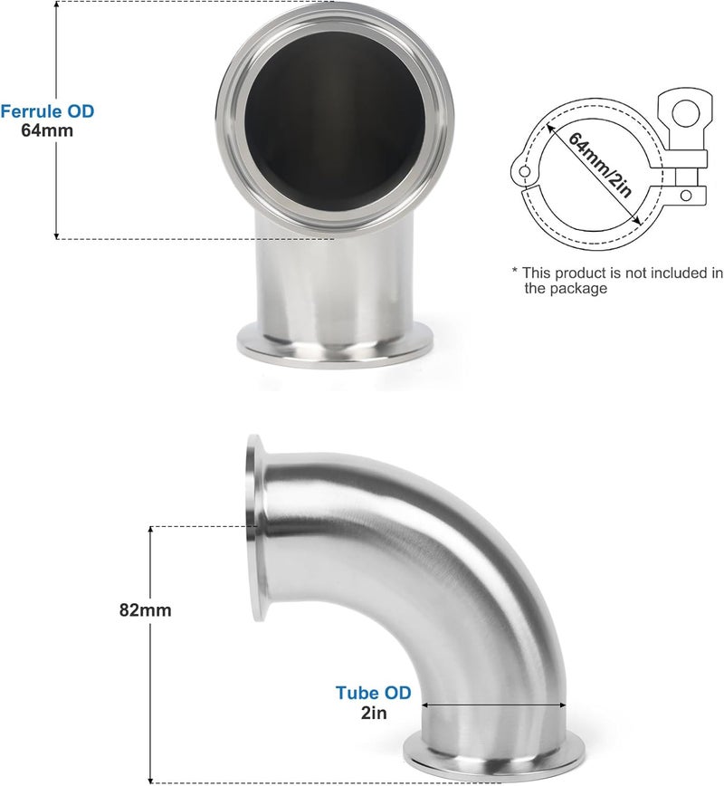 JMCOLMT Elbow 2" Tri Clamp Elbow 90 Degree Pipe Fitting 50.5mm Pipe OD Sanitary Fitting Stainless Steel 304 - Image 5